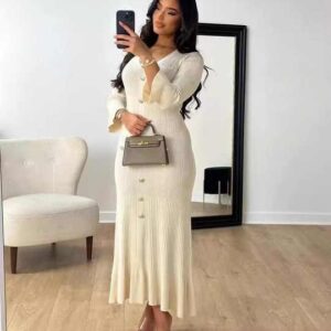 Autumn Winter Fashion Long Temperament V-neck Slim Button Down Solid Color Knitted Long Sleeved Dress - Image 5