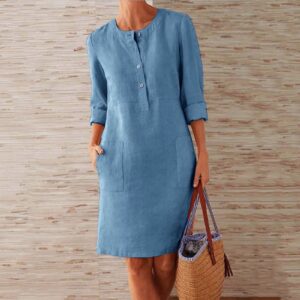 Round Neck Women's Knee-Length With Buttons Casual Dress Ladies Loose Elegant Half Sleeve Dress Boho Women's Cotton Linen Dress - Image 3