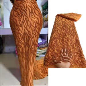 Burnt Orange Beaded Tulle Lace 5 Yards Luxury Sequins Pearls Fabric Mesh Lace For Bridal Prom Dress - Image 1