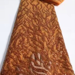 Burnt Orange Beaded Tulle Lace 5 Yards Luxury Sequins Pearls Fabric Mesh Lace For Bridal Prom Dress - Image 6