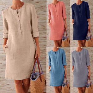 Round Neck Women's Knee-Length With Buttons Casual Dress Ladies Loose Elegant Half Sleeve Dress Boho Women's Cotton Linen Dress - Image 6
