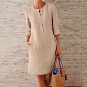Round Neck Women's Knee-Length With Buttons Casual Dress Ladies Loose Elegant Half Sleeve Dress Boho Women's Cotton Linen Dress - Image 7