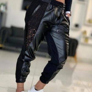 Women's Trousers Casual 2024 Summer Fashion Solid Color Contrast PU Lace Insert Pocket Drawstring High Waist Cuffed Pants - Image 5