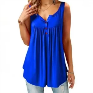 Hot Women Tank Top Loose Solid U Neck Female Camisole Sleeveless Pleated Tank Top Ladies Button 2020 summer women Loose Vest - Image 4