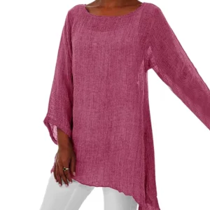 Hot Blouse Women Solid Color Cotton Linen O-Neck Long Sleeve Irregular Tunic Top Spring Summer Oversized Shirts - Image 5
