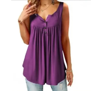 Hot Women Tank Top Loose Solid U Neck Female Camisole Sleeveless Pleated Tank Top Ladies Button 2020 summer women Loose Vest - Image 3