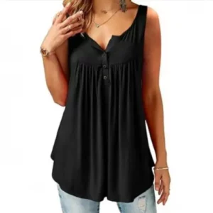 Hot Women Tank Top Loose Solid U Neck Female Camisole Sleeveless Pleated Tank Top Ladies Button 2020 summer women Loose Vest - Image 5