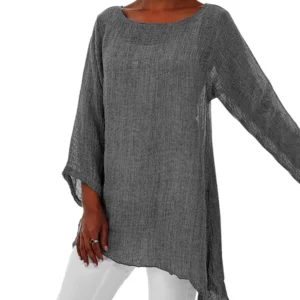 Hot Blouse Women Solid Color Cotton Linen O-Neck Long Sleeve Irregular Tunic Top Spring Summer Oversized Shirts - Image 4