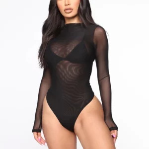 Womens Girls Fashion See-through Long Sleeve Bodysuit Lingerie Nightwear Crew Neck High Cut Leotard for Dating Nightclub Teddies - Image 5