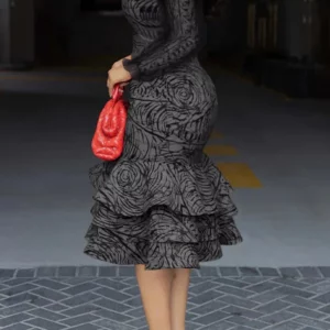 Spring Autumn Women's Printed Dress Fashionable Round Neck Casual Women's Mesh Splicing Ruffle Party Dress Elegant Office Dress - Image 4