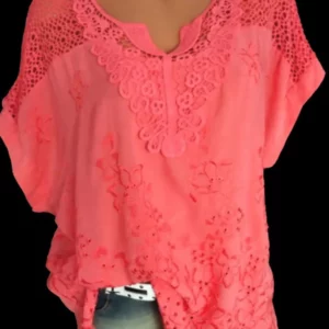 Large Size Loose Short-Sleeved Lace Women Blouses Cotton Blouses 2024 Summer V-neck White Shirt Tops Sexy Fashion Women Shirt - Image 4