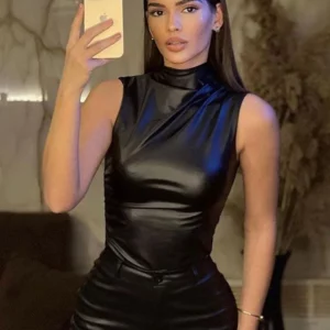 Women Y2K Vintage Pu Simple Basic Tank Top High Waist Skinny Shrunk Slash Cut Sleeveless Tops Versatile Noble Shirts - Image 4