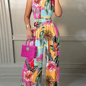 Elegant Women Wide Leg Long Juumpsuit 2024 Spring Summer Fashion Printed Sleeveless Casual Holiday Bodysuits Jumpsuits Trousers - Image 5