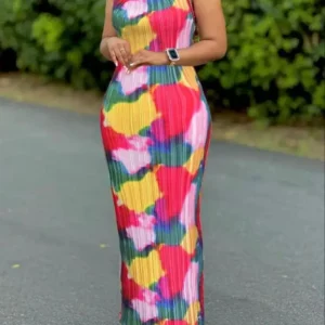 Women's Tie Dye Print Pleated Dress,Summer Spaghetti Strap Bodycon Dress,Vestidos Casual Slimming,Women's clothing - Image 4