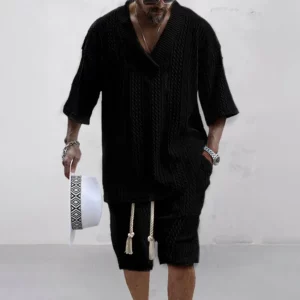 2024 Summer Casual Shorts Set Knitted Two Piece Men's Clothing V-Neck Short Sleeve T-shirt and Shorts Streetwear Knit Outfits - Image 3