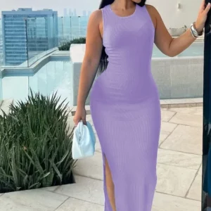 Sexy Sleeveles Knitted Long Dress For Women Fashion O-neck Pure Color Bodycon Dress Summer Split Package Hips Party Dress Black - Image 4