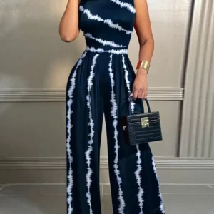 Elegant Women Wide Leg Long Juumpsuit 2024 Spring Summer Fashion Printed Sleeveless Casual Holiday Bodysuits Jumpsuits Trousers - Image 2