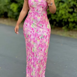 Women's Tie Dye Print Pleated Dress,Summer Spaghetti Strap Bodycon Dress,Vestidos Casual Slimming,Women's clothing - Image 5