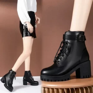 Winter Women's Boots 2024 New Lace Up Boots for Womens Fashion Thick Heel Side Zipper Ankle Boots Warm Female Motorcycle Shoes - Image 2