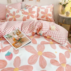 Pink Floral Bedding Set Soft Ins Single Double Queen Size Duvet Cover Flat Sheet Pillowcase Girls Home Totel Bed Linens - Image 5