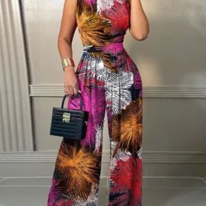 Elegant Women Wide Leg Long Juumpsuit 2024 Spring Summer Fashion Printed Sleeveless Casual Holiday Bodysuits Jumpsuits Trousers - Image 4
