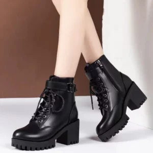 Winter Women's Boots 2024 New Lace Up Boots for Womens Fashion Thick Heel Side Zipper Ankle Boots Warm Female Motorcycle Shoes - Image 4