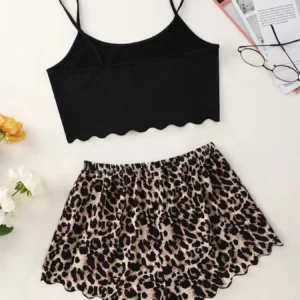 Women's Pajamas Set Sexy Lingerie Leopard Print Sling Sleepwear V-Neck Sleeveless Top and Shorts Sets Pyjamas Homewear - Image 2