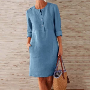 Round Neck Women's Knee-Length With Buttons Casual Dress Ladies Loose Elegant Half Sleeve Dress Boho Women's Cotton Linen Dress - Image 1
