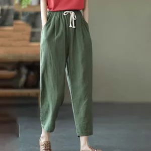 Rimocy 2024 Summer Casual Cotton Linen Pants Women Retro Pockets Loose Harem Pants Woman Solid Elastic Waist Trousers Female - Image 3