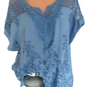 Large Size Loose Short-Sleeved Lace Women Blouses Cotton Blouses 2024 Summer V-neck White Shirt Tops Sexy Fashion Women Shirt - Image 2