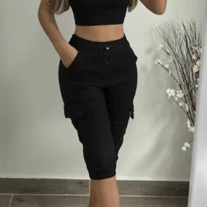 Women's Pants 2024 Summer Fashion Pocket Design Cuffed Drawstring Casual Plain High Waist Skinny Daily Knee-Length Pants - Image 6