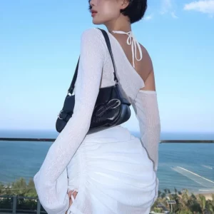 Dulzura Solid Skew Collar Ruched Straps Lace-Up See Through Draw String Mini Dress 2023 Summer Women Party Clubwear Wholesale - Image 4