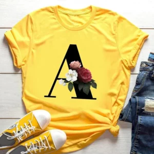 Hot Selling Large Size Flowers 26 English Letters Black Fashion Trend Print Men's and Women's Casual Yellow T-shirt Short Sleeve - Image 3
