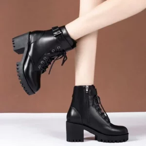 Winter Women's Boots 2024 New Lace Up Boots for Womens Fashion Thick Heel Side Zipper Ankle Boots Warm Female Motorcycle Shoes - Image 3