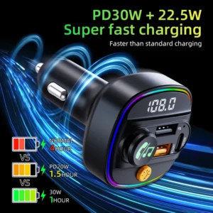 Bluetooth 5.3 FM Transmitter Handsfree Car AUX Radio Modulator MP3 Player with 22.5W & PD30W Fast Charge Adapter Car Accessories - Image 2