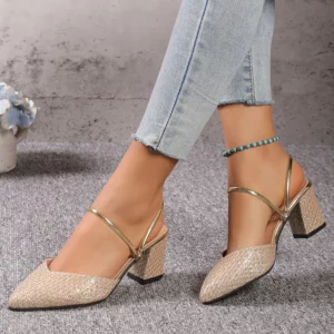 Gold Silver Bling High Heel Pumps Women Fashion Back Strap Slip-On Party Shoes Woman Pointed Toe Slingbacks Thick-Heeled Shoes - Image 3