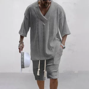 2024 Summer Casual Shorts Set Knitted Two Piece Men's Clothing V-Neck Short Sleeve T-shirt and Shorts Streetwear Knit Outfits - Image 2