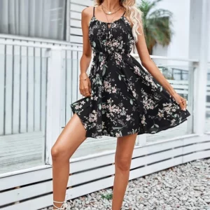 Sexy Floral Print Short Dress Women Summer Fashion Black Backless Beach Sundress Casual Sleeveless Lace-up New In Dresses 2024 - Image 6