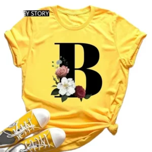 Hot Selling Large Size Flowers 26 English Letters Black Fashion Trend Print Men's and Women's Casual Yellow T-shirt Short Sleeve - Image 2