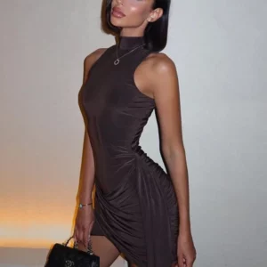 Mozision Turtleneck Sleeveless Sexy Mini Dress For Women Fashion Irregular Ruched Tank Dress Femme Elegant Club Party Dress - Image 1