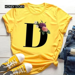 Hot Selling Large Size Flowers 26 English Letters Black Fashion Trend Print Men's and Women's Casual Yellow T-shirt Short Sleeve - Image 5