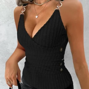 Top Women 2024 Summer Fashion Chain Decor Buttoned Casual V-Neck Sleeveless Plain Skinny Daily Ribbed Tank Top Y2K Clothes - Image 3