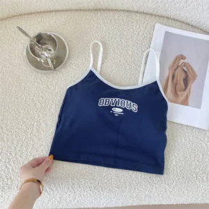 2024 Summer Letter Printing Tops Spaghetti Camisole Women With Padded Bra Crop Tops O-Neck Solid Crop Tops Y2k Sports Short Vest - Image 4