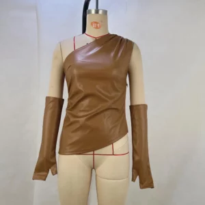 Xie Shoulder Sexy Shoulder waist Women's tops Leather vest with sleeves irregular hem vest women's clothing - Image 4
