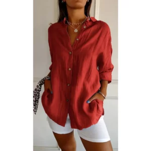 Summer V Neck Casual Cotton Linen Button Shirt Women Fashion Loose Solid Lapel Cotton Office Linen Shirt Women Top Retro 2024 - Image 5