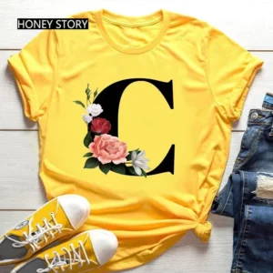 Hot Selling Large Size Flowers 26 English Letters Black Fashion Trend Print Men's and Women's Casual Yellow T-shirt Short Sleeve - Image 4