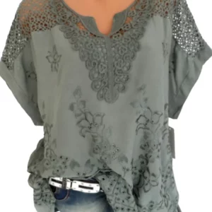 Large Size Loose Short-Sleeved Lace Women Blouses Cotton Blouses 2024 Summer V-neck White Shirt Tops Sexy Fashion Women Shirt - Image 3
