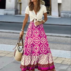 boho print maxi skirt women fashion high waist 3D printting long dress casual loose summer high waist skirts for women 2024 - Image 4