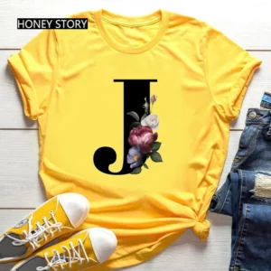 Hot Selling Large Size Flowers 26 English Letters Black Fashion Trend Print Men's and Women's Casual Yellow T-shirt Short Sleeve - Image 6