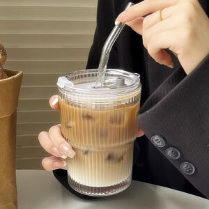 450ml Stripe Coffee Glass Cup With Lid and Straw Transparent Glasses Tea Cup Juice Glass Milk Mocha Cups Breakfast Mug Drinkware - Image 4